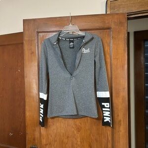 PINK Gray Heather Zip Sweatshirt with Black PINK Neck Tape